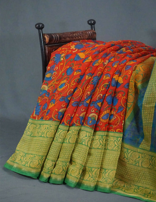 Multi Shades Of Red And Green Kalamkaari Design Semi Chanderi Saree By Gayathri Reddy Designer Studio | Swadesiicart