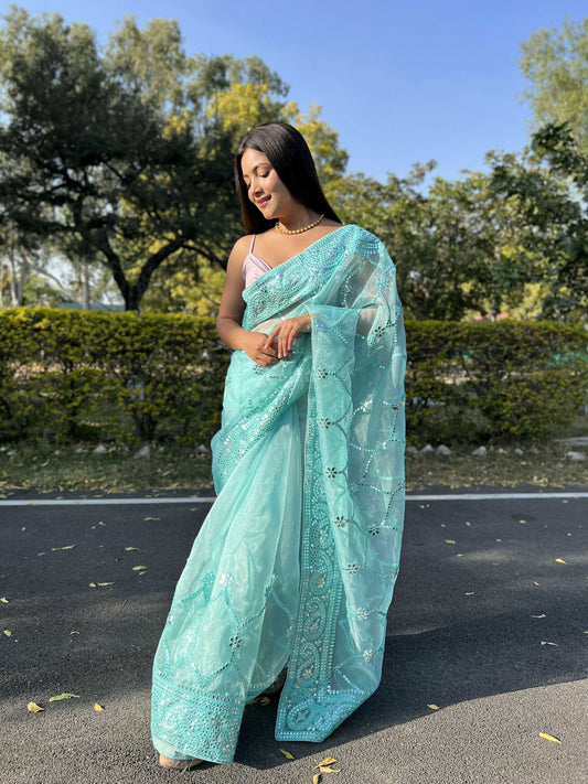 Vamsee Naina Blue Organza Saree - Swadesiicart