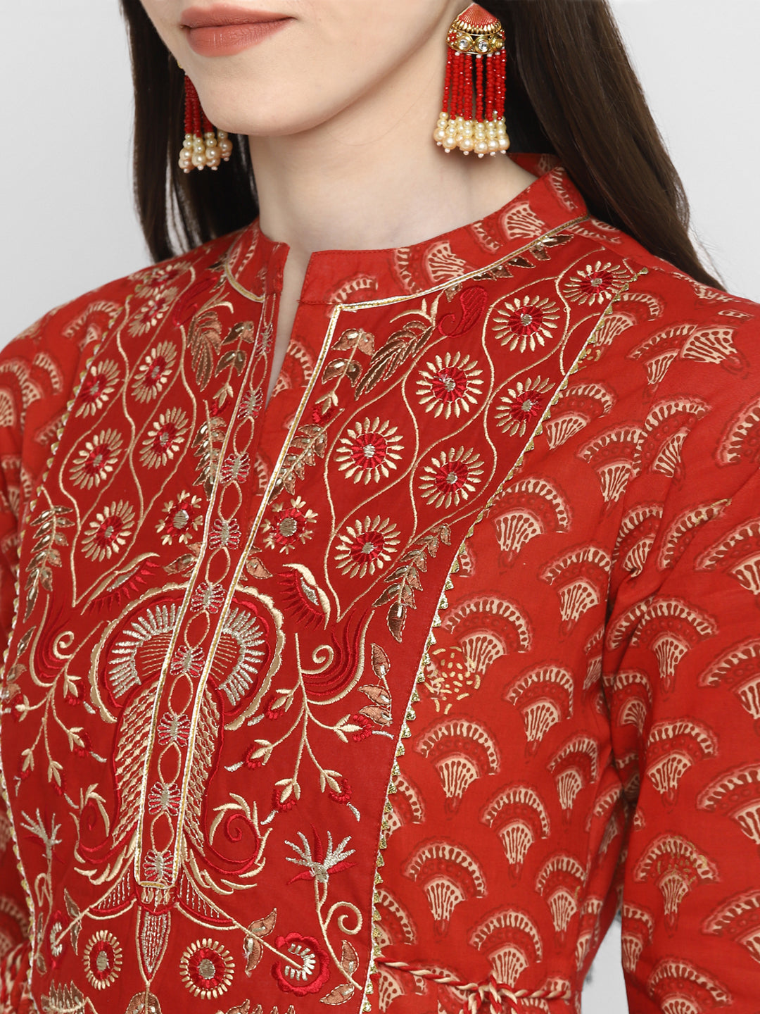 NOZ2TOZ Women's Embroidered & Printed Anarkali Cotton Red Kurta - Swadesiicart
