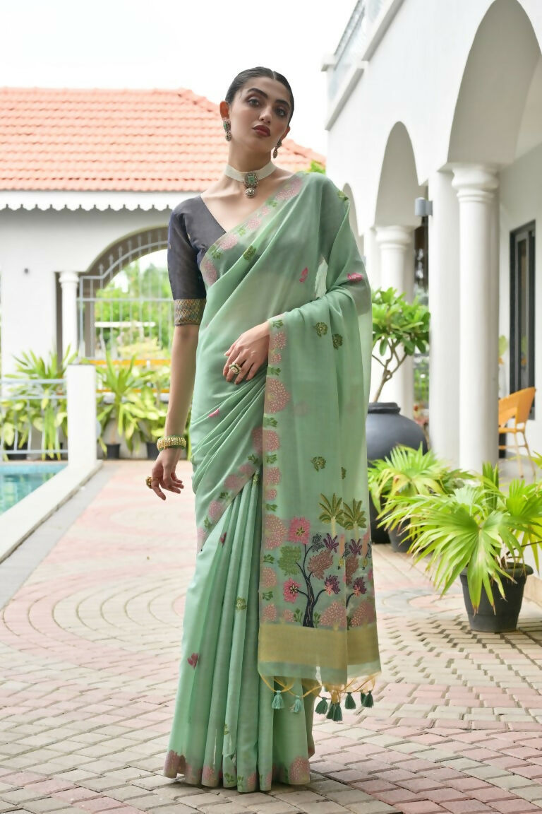 Vishnu Weaves Women's Sea-Green Muga Cotton Thread Weaving Saree with Blouse - Swadesiicart