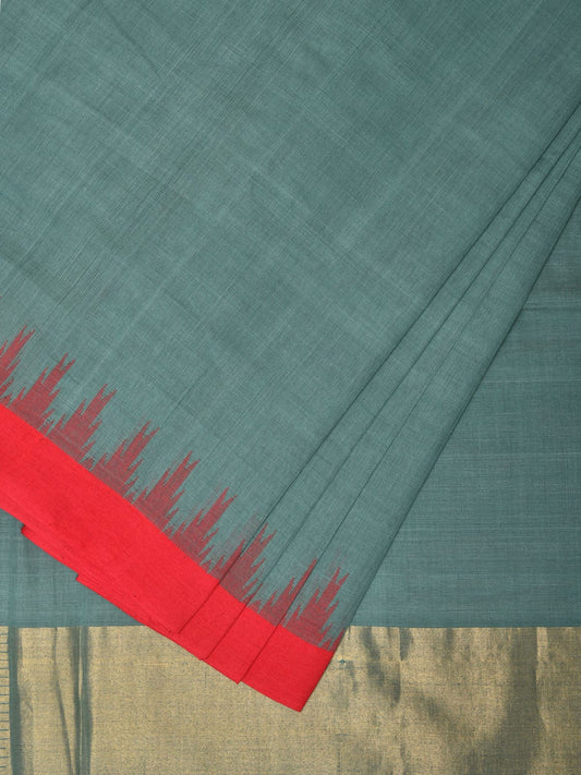 Sea Blue Khadi Cotton Handloom Plain Saree with Temple Border Design - Global Threads | Swadesiicart