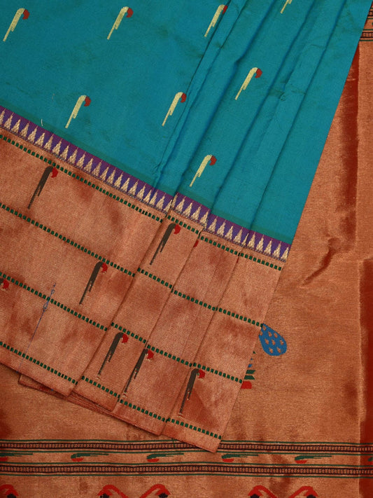 Sea Blue Paithani Silk Handloom Saree with Triple Muniya Border Design - Global Threads | Swadesiicart