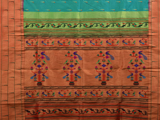 Sea Blue Paithani Silk Handloom Saree with Triple Muniya Border Design - Global Threads | Swadesiicart
