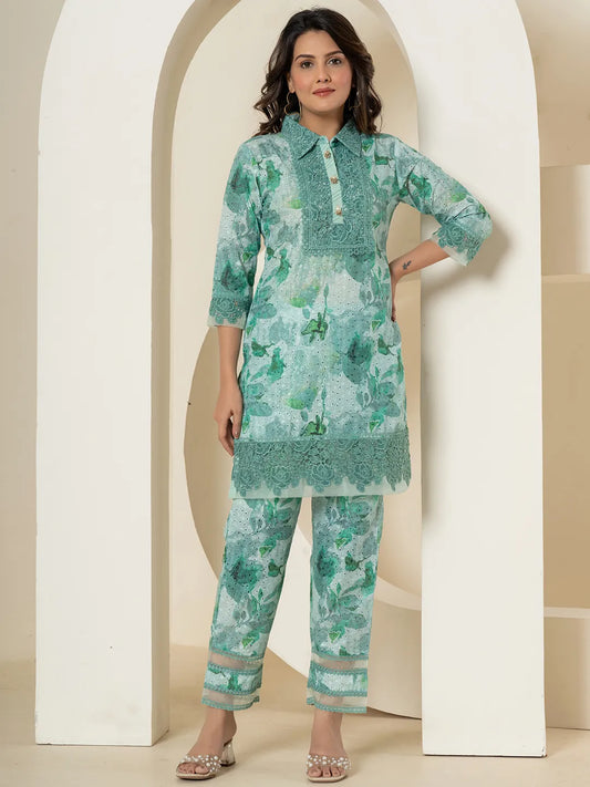 Yufta Sea Green Cotton Schiffli Co-Ord Set With Lace Detailing - Swadesiicart