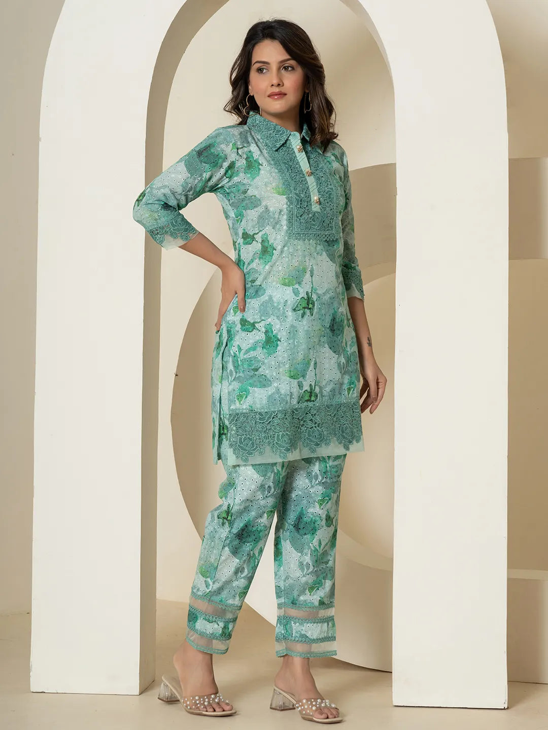 Yufta Sea Green Cotton Schiffli Co-Ord Set With Lace Detailing - Swadesiicart