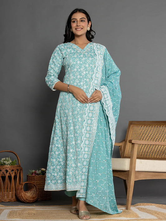 Yufta Sea Green Cotton Silk Embroidered Anarkali Kurta Dupatta Set - Swadesiicart