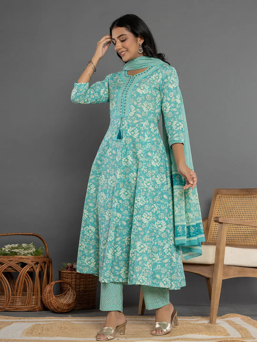 Yufta Sea Green Mirror_Work Cotton Anarkali Kurta Duppta Set - Swadesiicart