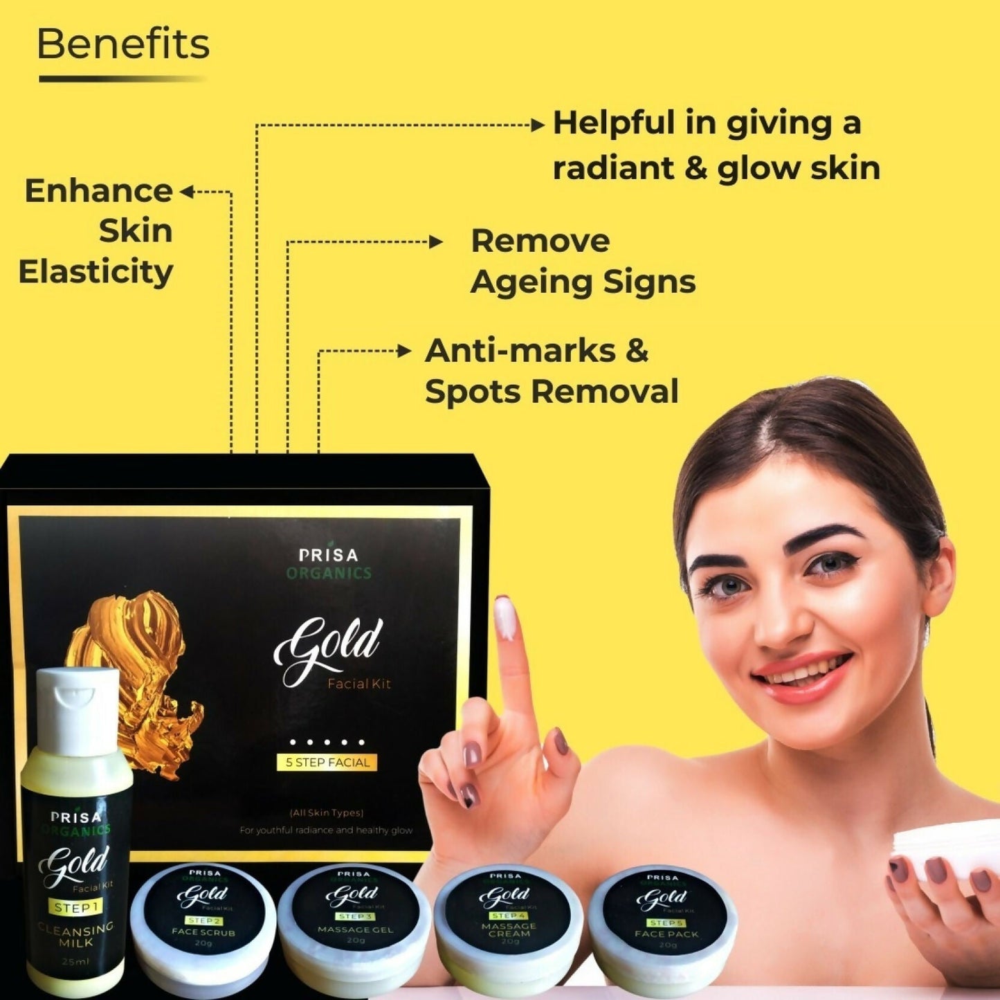 Prisa Organics Gold Facial Kit For Radiant & Glowing Skin - Cleanses & Rejuvenates Skin, Removes Dead Skin, Blackheads - Swadesiicart