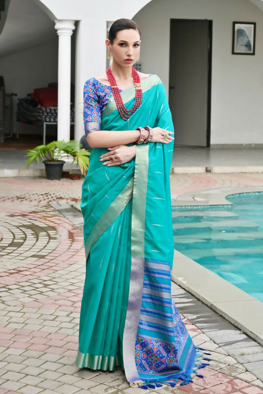 Vishnu Weaves Women's Rama Raw Silk Patola Zari Woven Saree with Blouse - Swadesiicart
