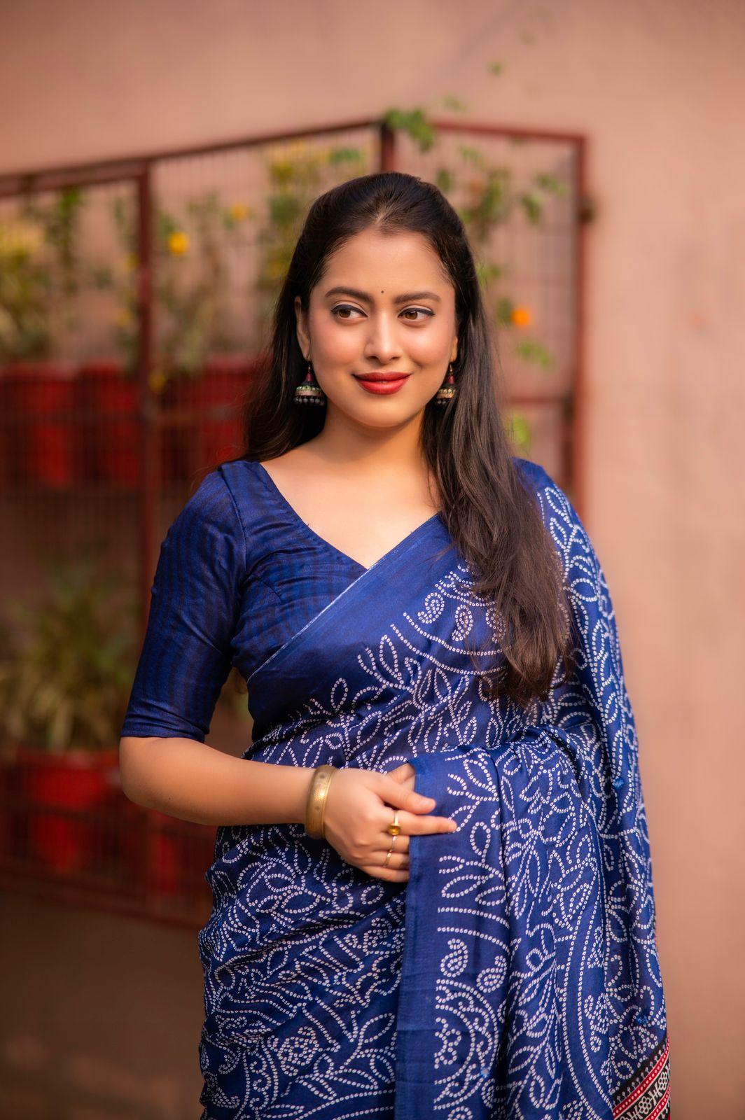 Blue Silk Blend Ajrak Swadesiicart with Unstitched Blouse - Hiral Fashion