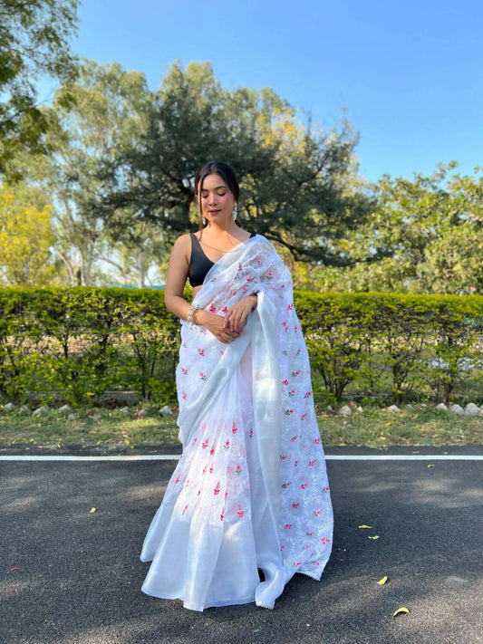 Vamsee White Organza Saree - Swadesiicart