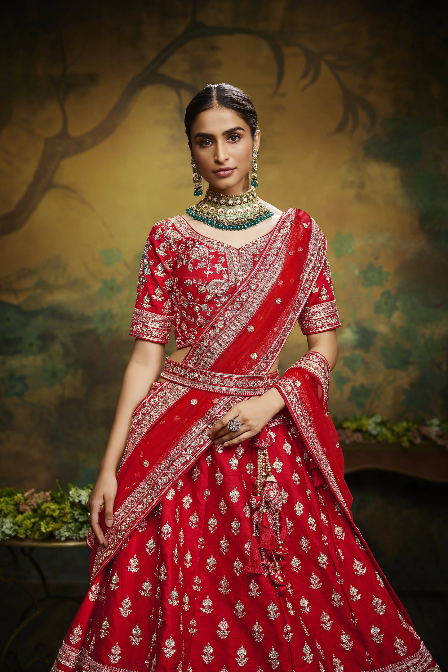 House of Panchhi Red Pure Silk Moti & Zarkan heavy embroidery Lehenga choli & Dupatta | Swadesiicart