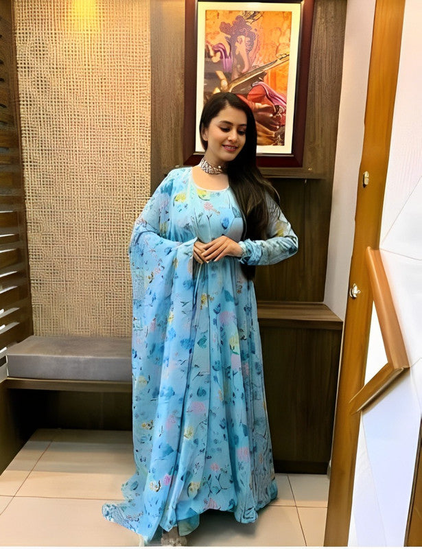Dishitha Creation Women Floral Printed Designer Gown - Sky Blue | Swadesiicart