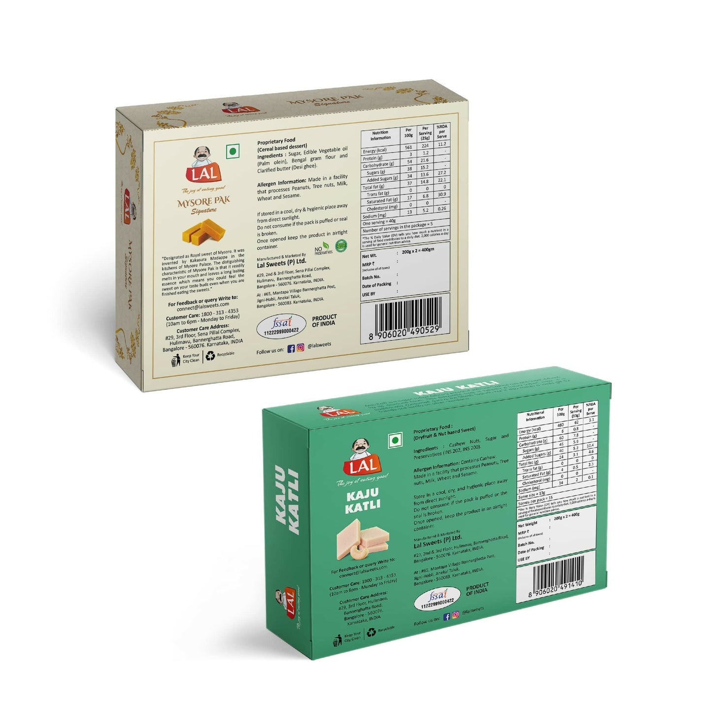 Lal Sweets Combo Pack - Mysore Pak Signature 400Gm And Kaju Katli 400 Gm Gift Pack | Desi Cow Ghee Indian Sweets | Mithai Box | Swadesiicart