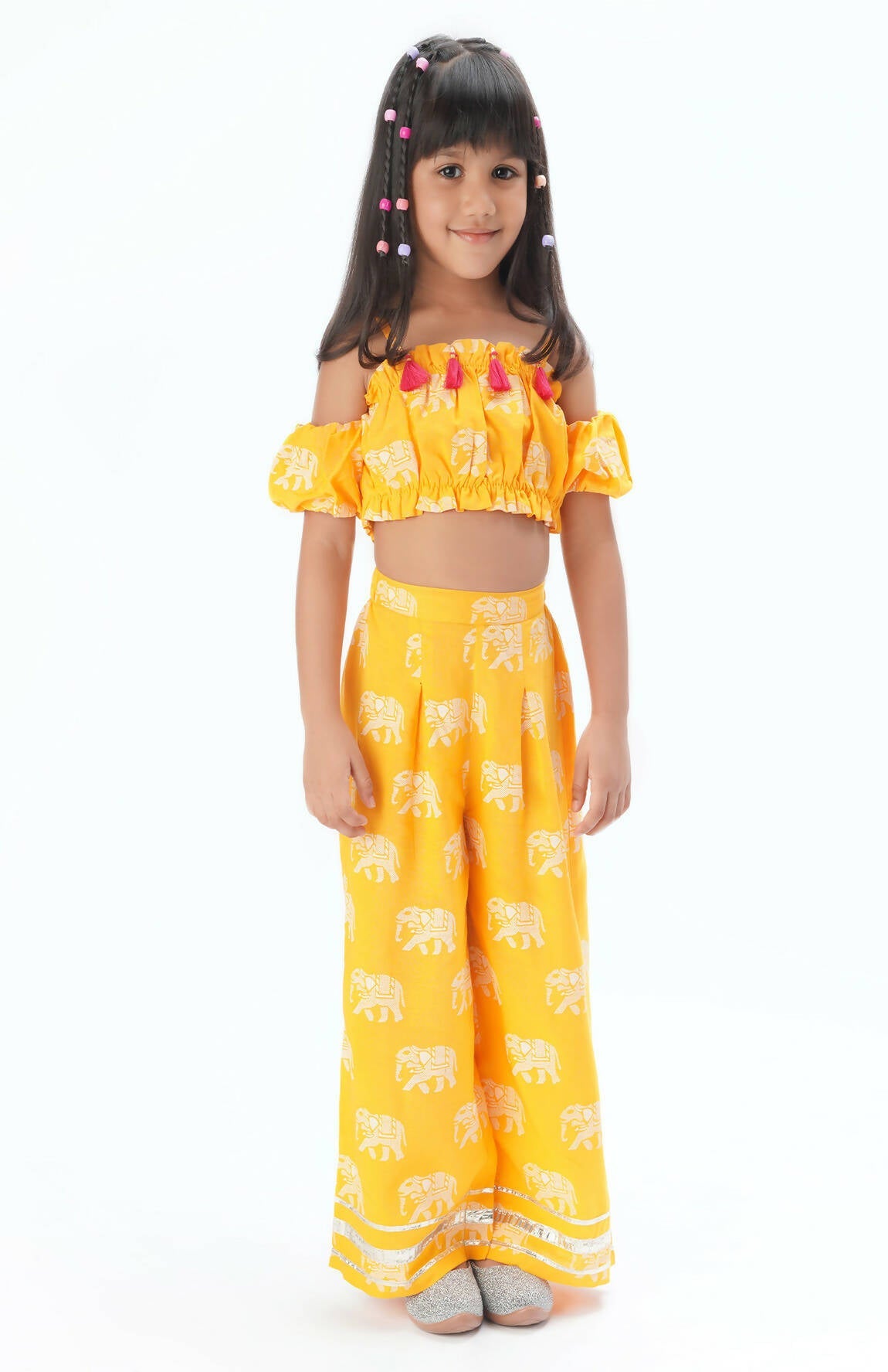Lil Drama Trunk Tales Girls Yellow Crop Top With Pants Co-Ordinate Set - Swadesiicart