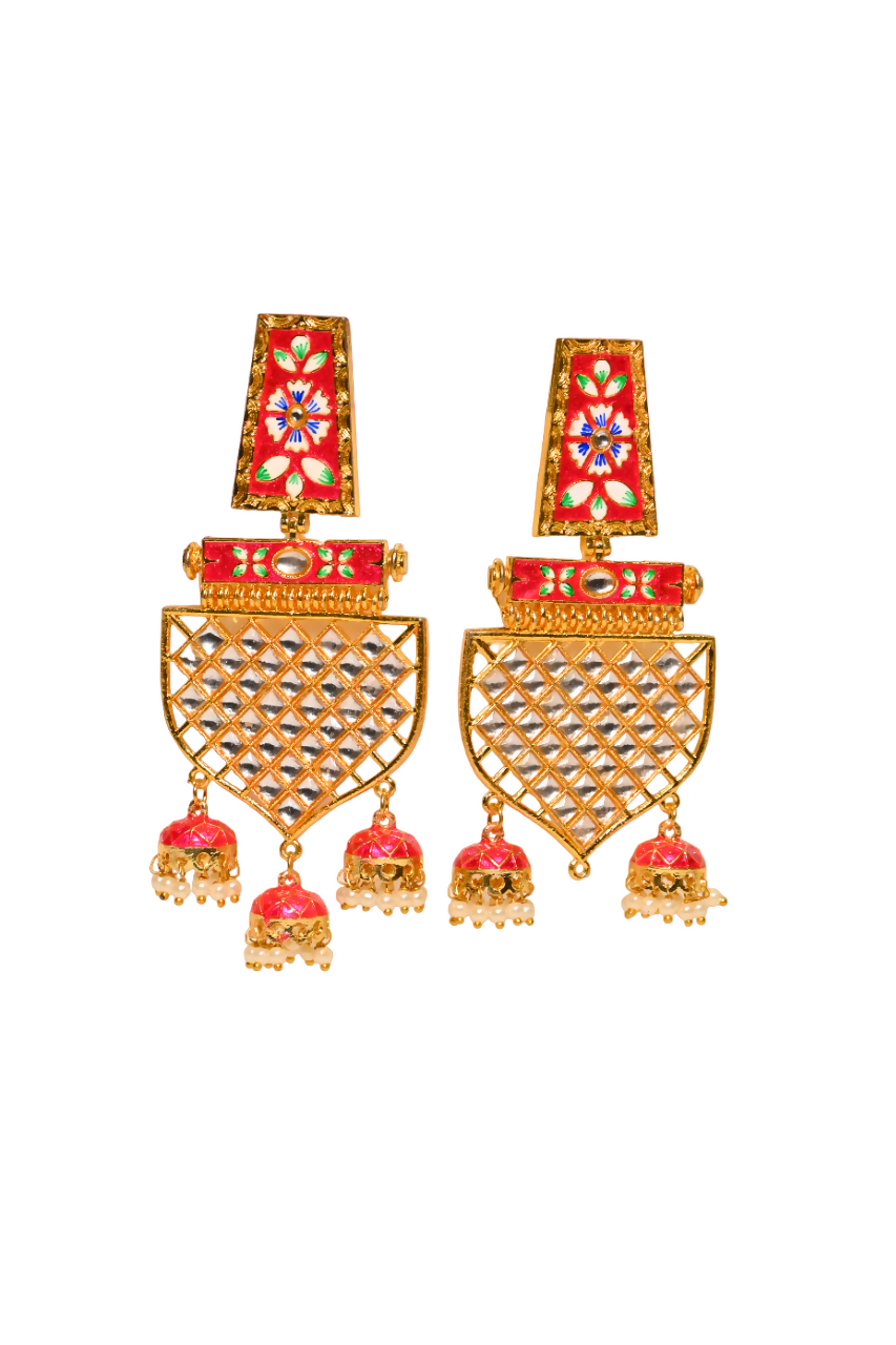 Traditional Gold-Polished Meenakari Red Jhumka Jhumki Earrings By House of Ree - Swadesiicart