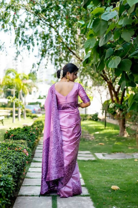 Vishnu Weaves Women's Purple Handloom Raw Silk Woven Border Saree with Unstitched Blouse - Swadesiicart