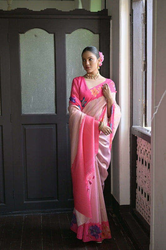 Vishnu Weaves Women's Pink banarasi Silk Saree with Blouse - Swadesiicart