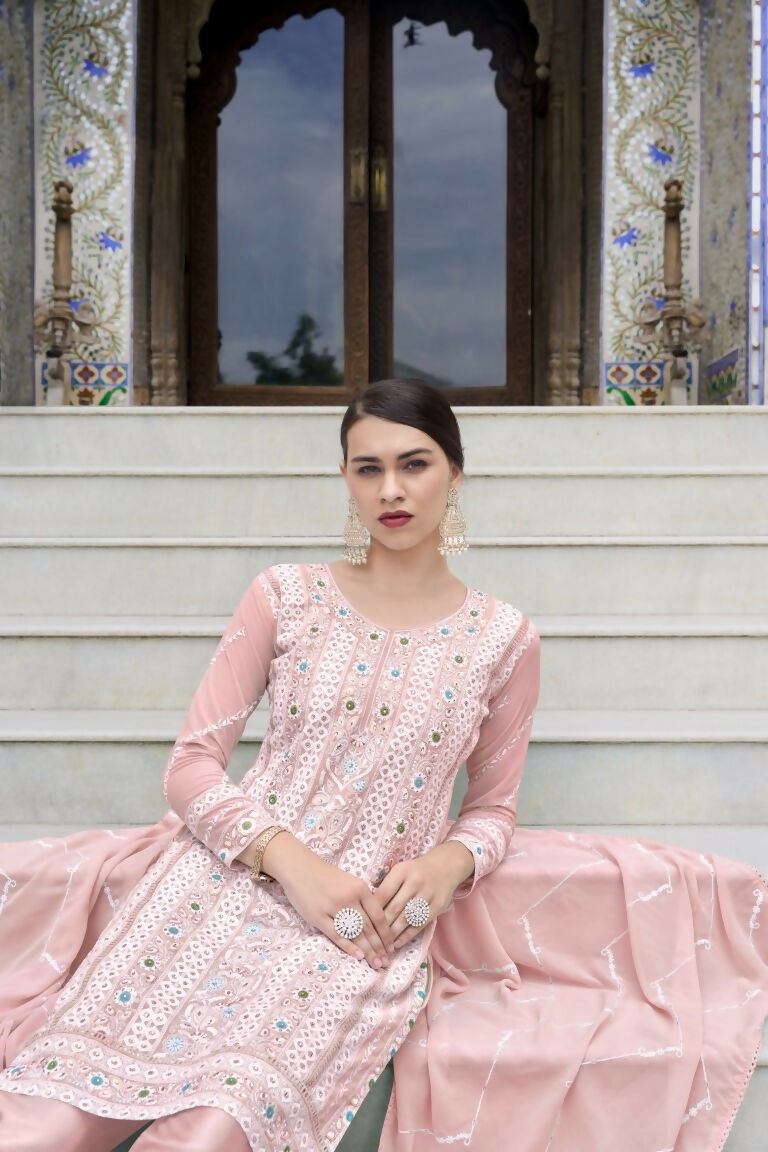 Jyoti Fashion Women's Pink Faux Georgette Heavy Embroidery and Moti Work Kurta Set | Swadesiicart