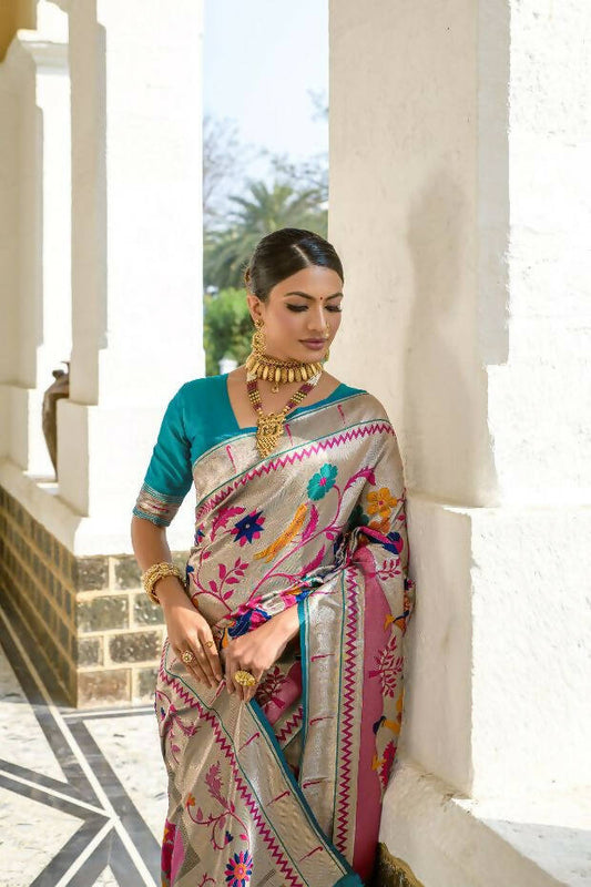 Vishnu Weaves Women's Rama Paithani Silk Zari Woven Saree with Unstitched Blouse - Swadesiicart