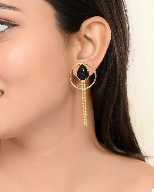 VOJ One Gram Gold-Polished Drop Shaped Black Stone Studded Earrings