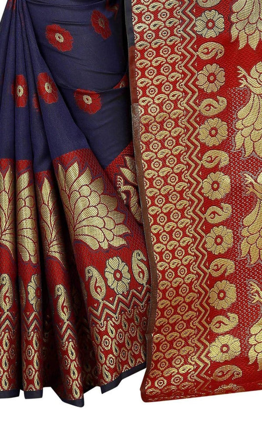 Vamika Banarasi Cotton Silk Navy Blue & Red Weaving Saree | Swadesiicart