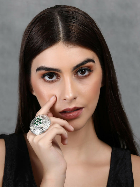 Joban Fashion Women Green Stone Silver Tone Ring | Swadesiicart