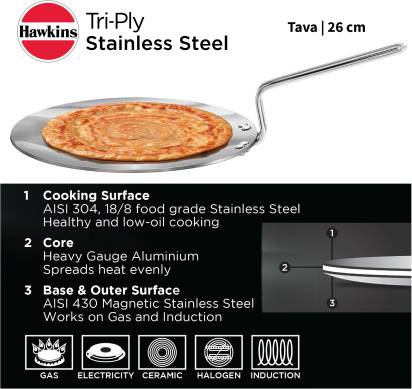 Hawkins TriPly Tawa 26 cm Diameter (Stainless Steel, Induction Bottom) - Swadesiicart