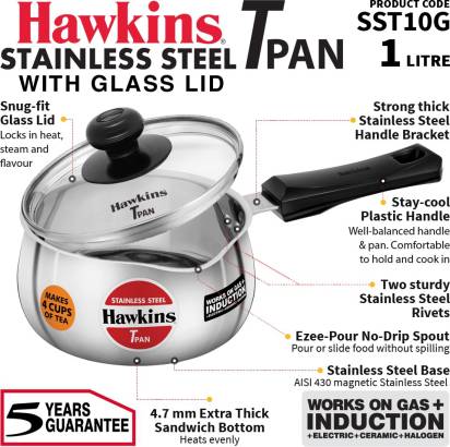Hawkins Stainless Steel Tea Pan 15.1 cm Diameter with Glass Lid 1 L (SST10G) - Swadesiicart