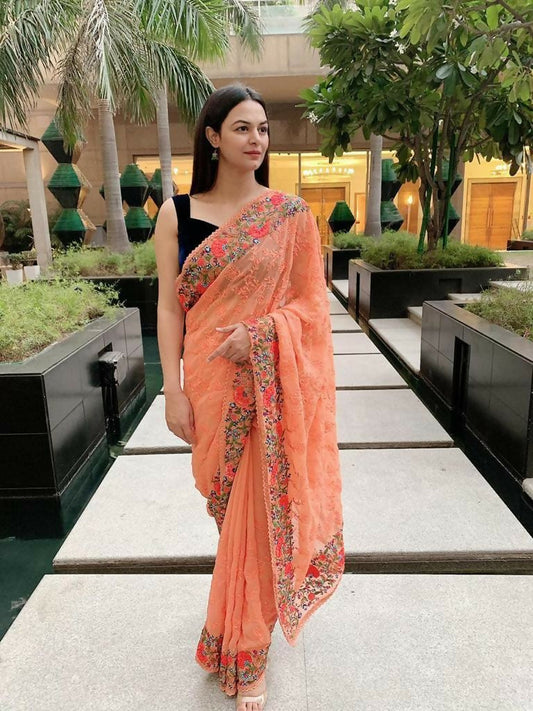 Vamsee Sandhya Orange Georgette Saree - Swadesiicart