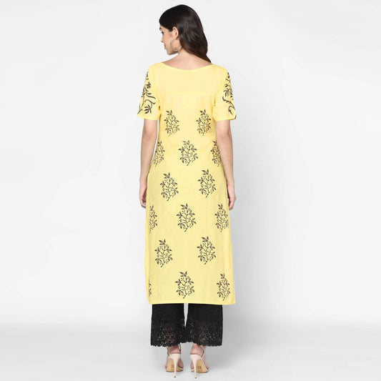 Cheera Hand Block Print Pale Yellow Straight Kurta (MAAI-056K) | Swadesiicart
