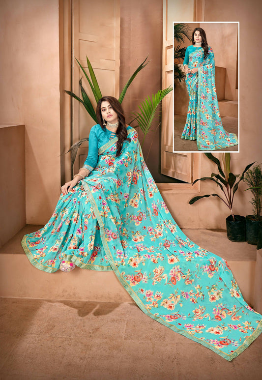Blue Georgette Floral Printed Saree With Unstitched Blouse Piece - Jyoti