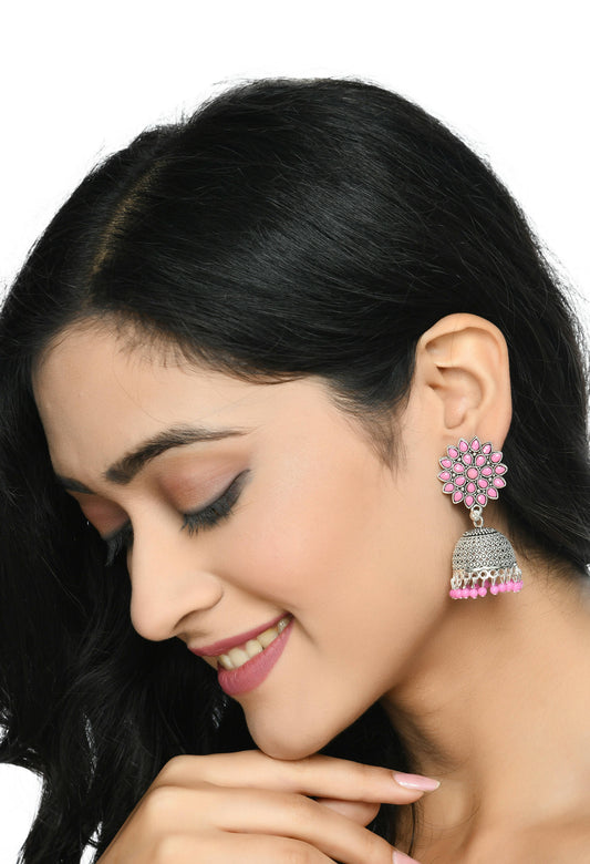Mominos Fashion Joharkamal Kundan work Jhumka with Baby Pink Beads