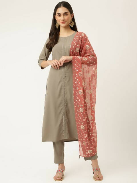 FIORRA Women's Grey Poly Crepe Straight Kurta Pant With Dupatta - Swadesiicart