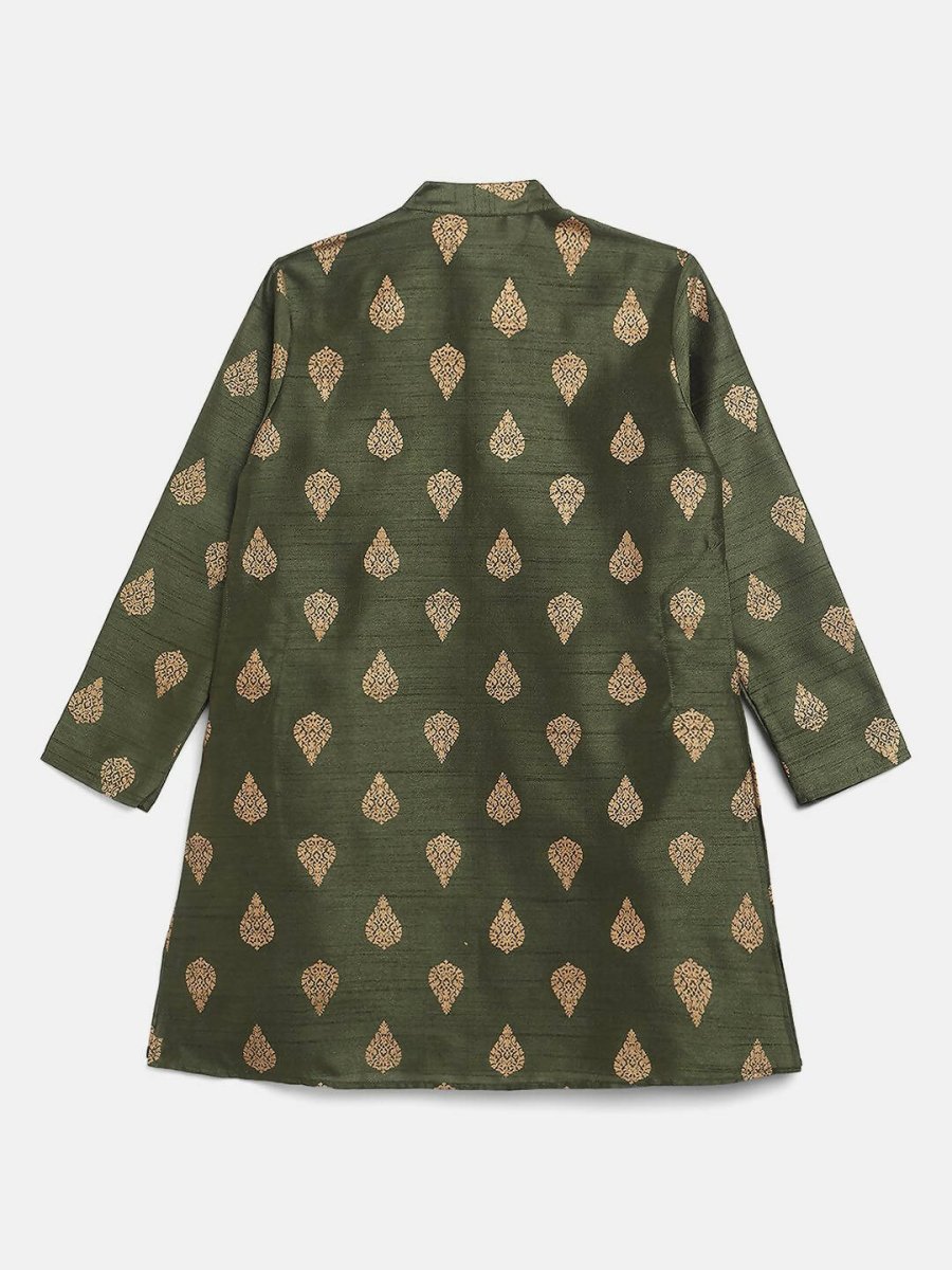 Ahalyaa Green Poly Silk Gold Print Kids Kurta Churidar Set For Boys | Swadesiicart