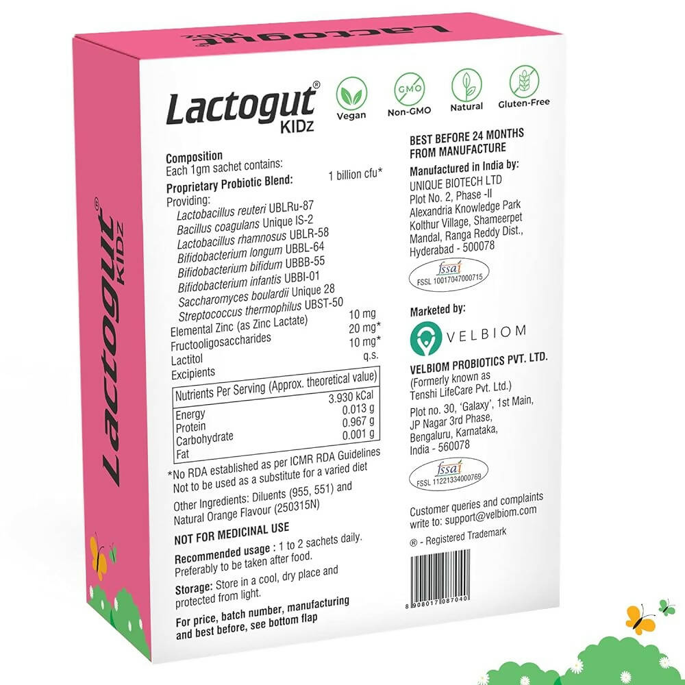 Velbiom Lactogut Kidz Probiotics Powder Sachets - Orange Flavor - Swadesiicart
