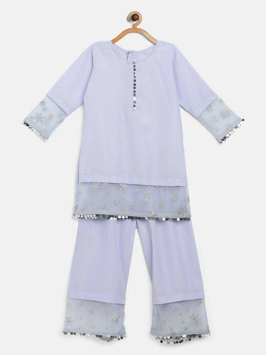 Ahalyaa Blue Crepe Silver Glitter Print Kids Kurta Palazzo Set With Dupatta For Girls | Swadesiicart