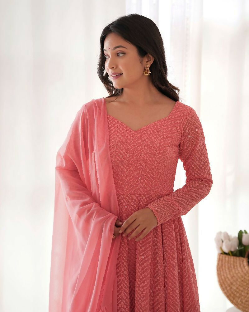 Joban Fashion Peach Kurta Set Georgette Sequence Embroidery Work - Swadesiicart