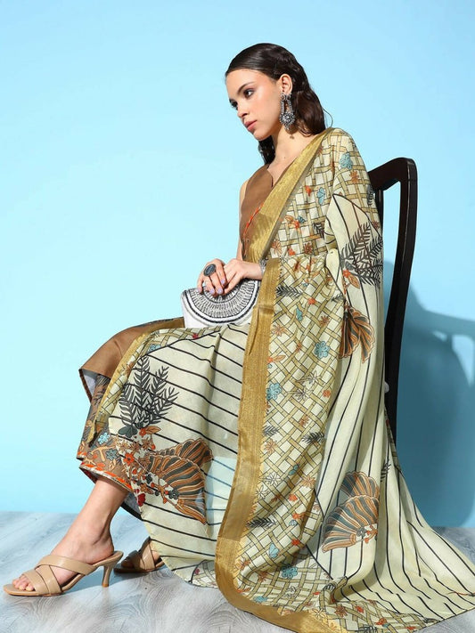 Ahalyaa Women's Brown Colour Cotton Blend Digital Printed Kurta Palazzo Set With Dupatta | Swadesiicart