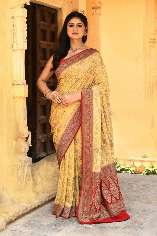 Joban Fashion Yellow Crepe Chiffon Pure Handloom Banarasi Silk Saree | Swadesiicart