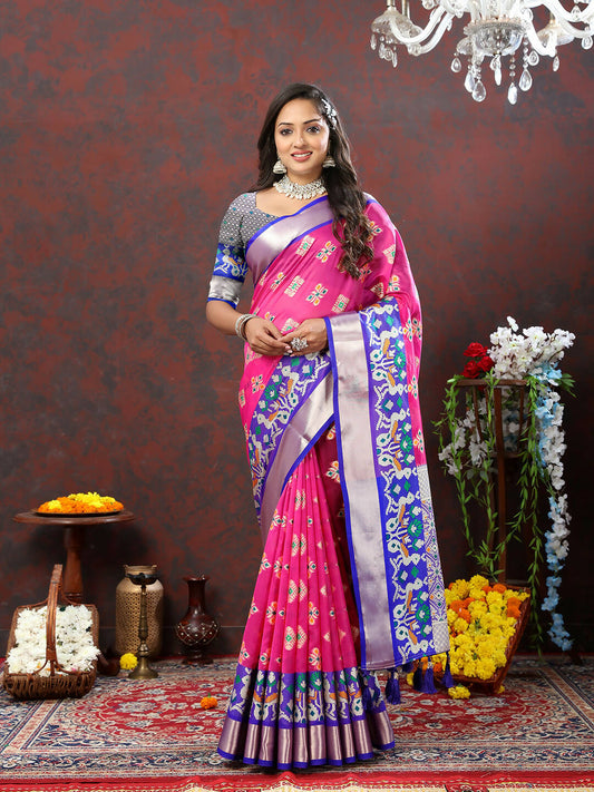 Lorenvalley Fashion Pink Organza Silk Woven Design with Meenakari Weaving Saree - Swadesiicart