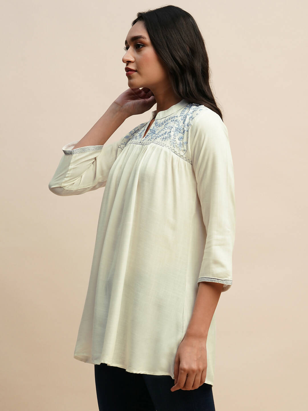 White Rayon Embroidered Top - Tarini - Swadesiicart