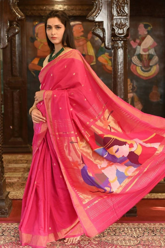 Very Much Indian Handloom Pure Cotton Paithani Radhakrishna Pallu-Rani Pink | Swadesiicart