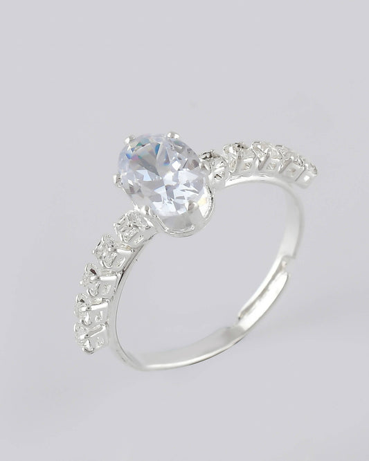 VOJ white CZ-detail Stainless Steel Cubic Zirconia Silver Plated Adjustable Finger Ring | Swadesiicart