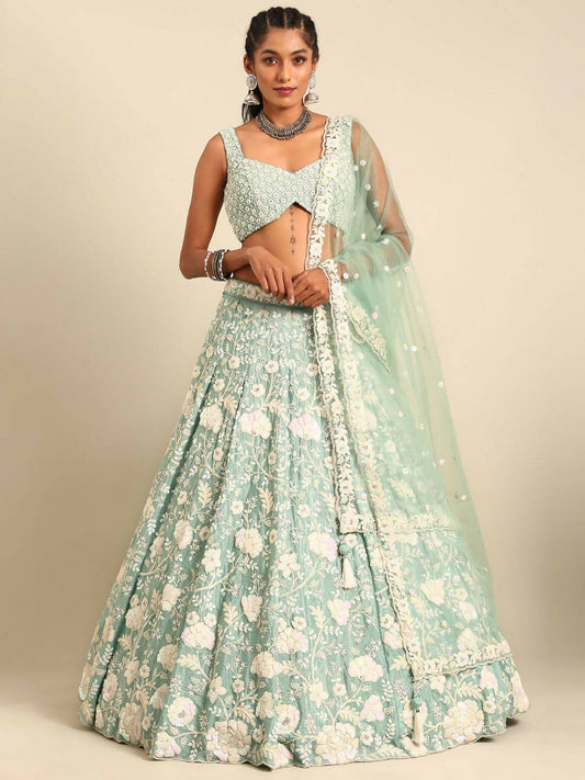 House of Panchhi Sea Green Chinon Sequins and Zarkan embroidery Lehenga choli & Dupatta | Swadesiicart