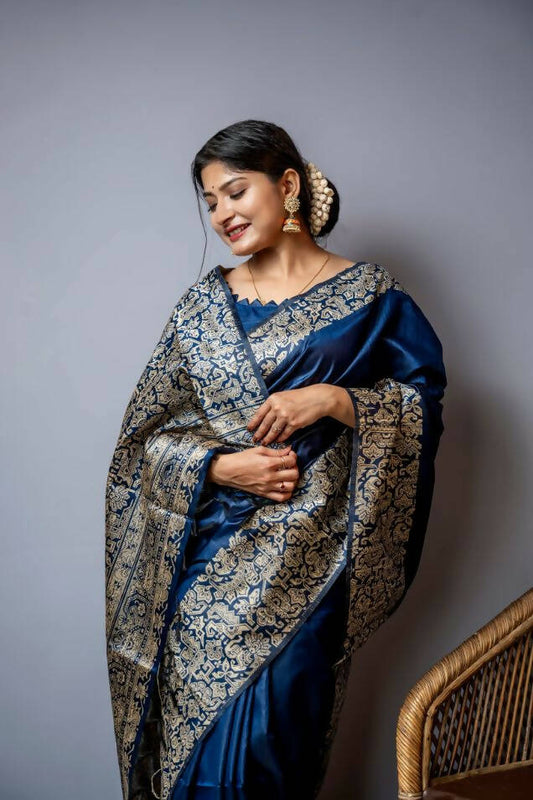 Vishnu Weaves Women's Blue Handloom Raw Silk Woven Border Saree with Unstitched Blouse - Swadesiicart