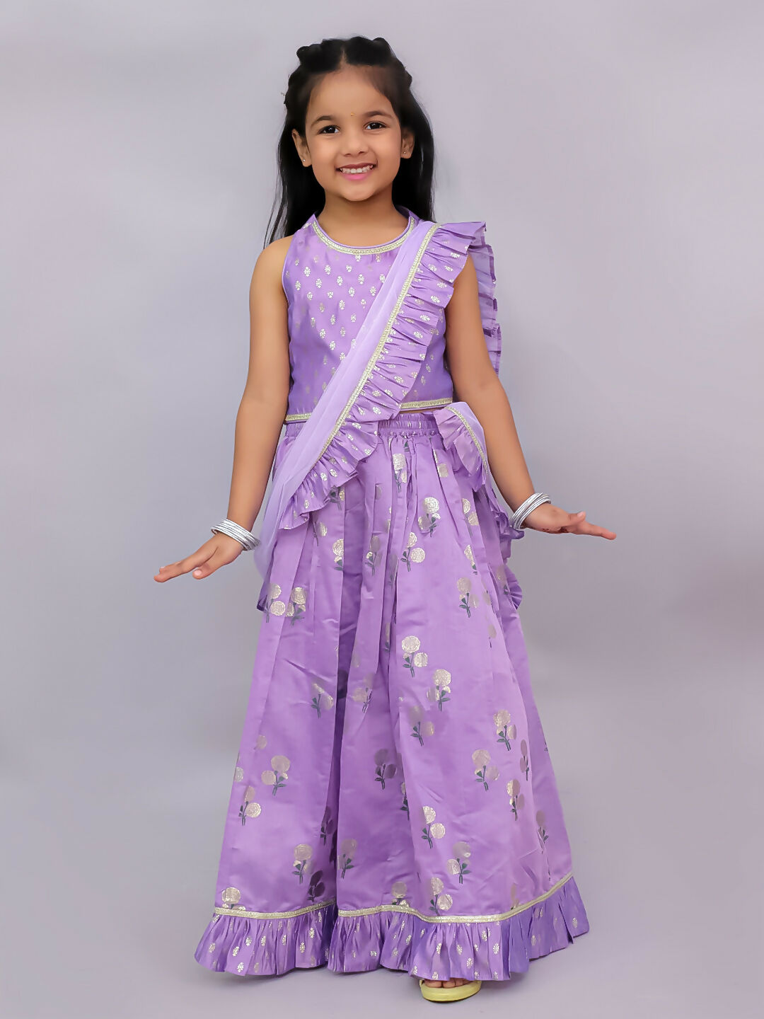 Lil Drama Mishti Purple Lehanga Choli Dupatta Set For Girls | Swadesiicart