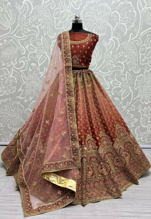 Jyoti Fashion Women's Scarlet Bridal Net Fancy Dori & Sequins Multi Thread Embroidered with Diamond Work Wedding Lehenga Choli | Swadesiicart