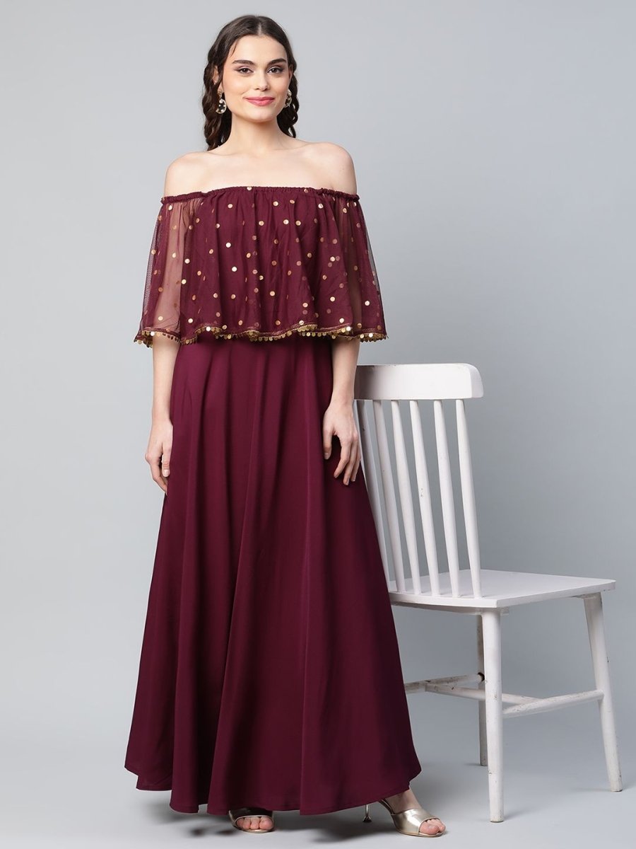 Ahalyaa Women Wine Colour Crepe & Net Gold Printed Dress | Swadesiicart