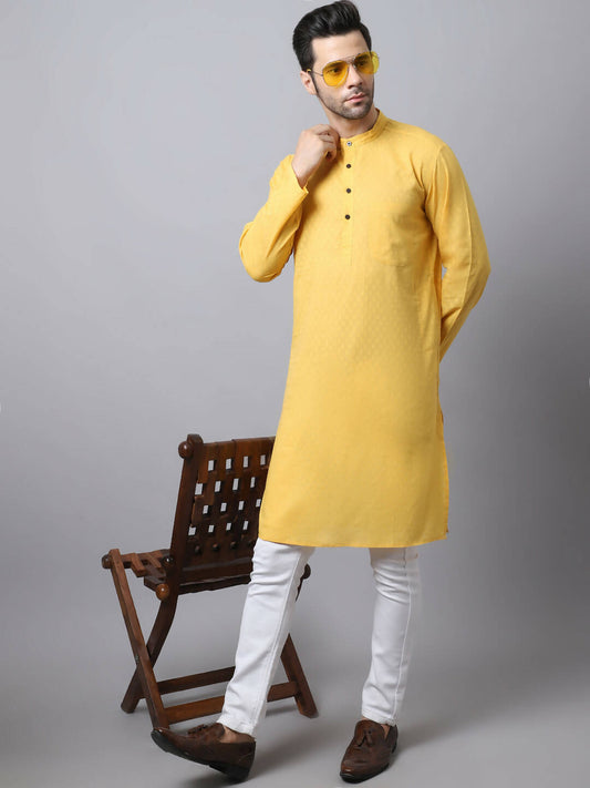 Even Apparels Yellow Pure Cotton Men's Kurta With Band Collar (SLD1183) | Swadesiicart